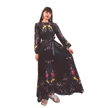 2021 Jeseň Letné Módy Desiger Bublina Rukáv Ročníka Kvetované Black Voľné Dlhé Šaty Femme Temperament Palác Arabčina Maxi Šaty