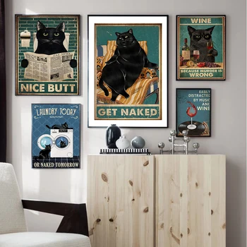 Duševné Čierna Mačka, Plagát Zadok Obrúsky Art Print Vintage Dostať Nahé Zábavné Retro Kúpeľňa Prihlásiť Plátno Na Maľovanie Domova