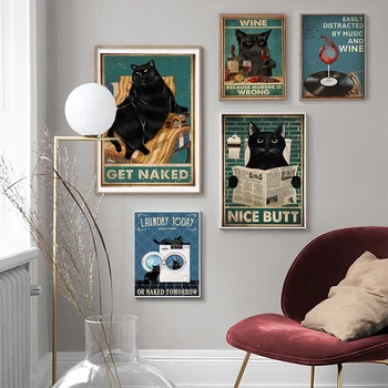 Duševné Čierna Mačka, Plagát Zadok Obrúsky Art Print Vintage Dostať Nahé Zábavné Retro Kúpeľňa Prihlásiť Plátno Na Maľovanie Domova