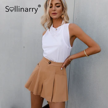 Sollinarry A-linajkované vysoký pás široký nohu vrások šortky Módne letné príčinné khaki žena šortky Elagant tlačidlo voľné krátke 2021