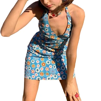 2021 dámske Letné Sexy plavky s uväzovaním za Chudá Šaty Módne Kvet Backless Vysoký Pás Krátke Šaty,Modrý