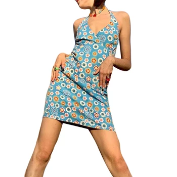 2021 dámske Letné Sexy plavky s uväzovaním za Chudá Šaty Módne Kvet Backless Vysoký Pás Krátke Šaty,Modrý
