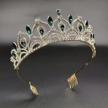 Crystal Svadobné Tiaras Kráľovná Veľké Korún Ženy Zelená Drahokamu Barokový Sprievod Diadem Vintage Svadba Vlasy Príslušenstvo Šperky