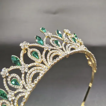 Crystal Svadobné Tiaras Kráľovná Veľké Korún Ženy Zelená Drahokamu Barokový Sprievod Diadem Vintage Svadba Vlasy Príslušenstvo Šperky