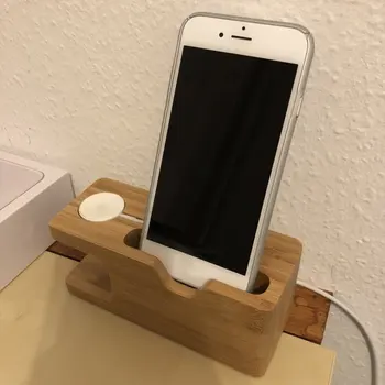2-v-1 Reálnom Bambusové drevo Stolový Stojan pre Tablet iPad Držiak Dokovacej Držiteľ Nabíjačky pre Nabíjanie iPhone Dock pre Apple Hodinky