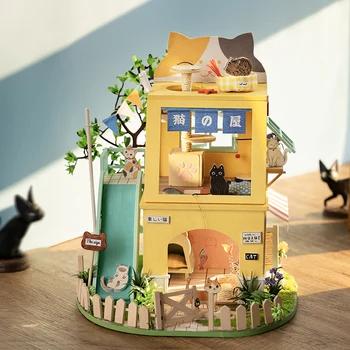 Robotime Rolife 178 ks DIY Cat House 3D Drevené Miniatúrny domček pre bábiky S Cat House Stavebné Súpravy, Hračky pre Deti Narodeninám