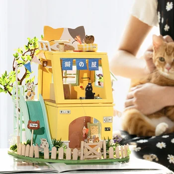 Robotime Rolife 178 ks DIY Cat House 3D Drevené Miniatúrny domček pre bábiky S Cat House Stavebné Súpravy, Hračky pre Deti Narodeninám