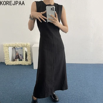 Korejpaa Ženy Šaty 2021 Lete Kórejský Elegantné Sexy Temperament Kolo Krku Šnúrkou Späť Duté Backless Bez Rukávov Vestidos