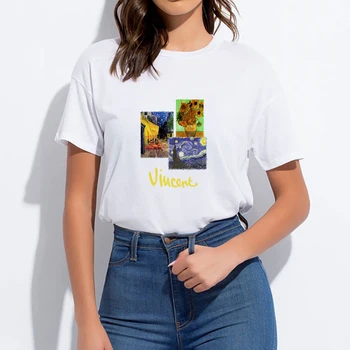Nadrozmerná Harajuku Roztomilý Vintage Van Gogh Kolo Golier Streetwear Jar Leto Tričko Bežné Lacné Funny T-shirt Punk T tričko