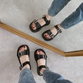 Žena Sandále Ploché Topánky 2021 Nové Módne Sandále Letné Kolo Prst Polovice Päty Čierna Biela Pracky Základné Sandále Veľkosť 35-40