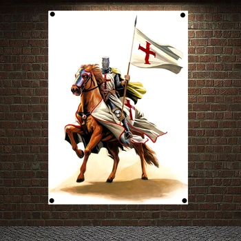Antické Vojenské Plagáty Templar Rytier Na Koni Bannery Retro Tlač Umenie Crusader Vlajky, Plátno Maľba Na Stene Visí Domova