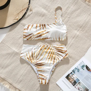 Miyouj Leaf Tlač Bikiny Jedného Pleca Plavky Návrhárky Plaviek Vysoký Pás Plavky Ženy 2021 Lete Sexy Bikini Set