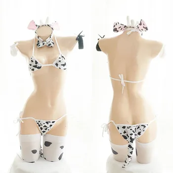 Ženy Sexy Krava Cosplay Kostým Tri-bod Bikini Set Plavky Anime Dievčatá Plavky, Oblečenie Lolita Podprsenka a Nohavičky Nastaviť Nightgown