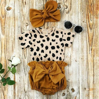 3ks Oblečenia Novorodenca Dievčatá Oblečenie Sady Leopard Tlač Krátky Rukáv Romper Topy Luk Šortky hlavový most Módne Batoľa Sady