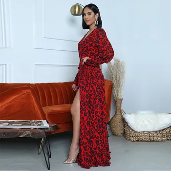 Jar, Jeseň Fashion Červená Leopard Tlač Šaty Žien V Krku Strane Split Maxi Dlhé Šaty Plus Veľkosť Party Šaty Pre Lady Vestidos