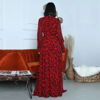 Jar, Jeseň Fashion Červená Leopard Tlač Šaty Žien V Krku Strane Split Maxi Dlhé Šaty Plus Veľkosť Party Šaty Pre Lady Vestidos