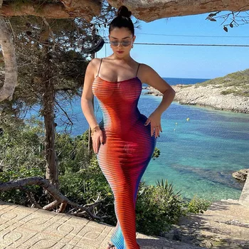 HAOYUAN Sexy Farebné Pruhované Bodycon Šaty Žien Letný Festival, Rave 2021 Dovolenku Oblečenie Špagety Popruh Pláži Maxi Šaty