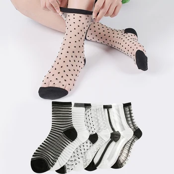 Ženy Sexy Crystal Hodváb Ponožky Zábavné Dot Koberčeky Pruhované Tlač Čipky Oka Transparentná Sieťovina Pružnosť Tenké Cool Čierne Nylonové Ponožky