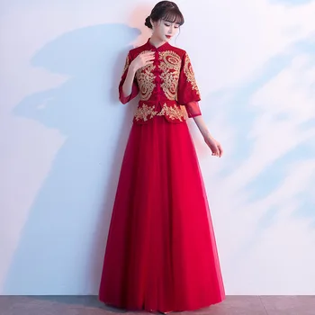 Vintage Lepšiu Čínsky Štýl Cheongsam Výšivky Červená Nevesta Svadobné Šaty Elegantné Večerné Party Šaty Qipao Vestidos