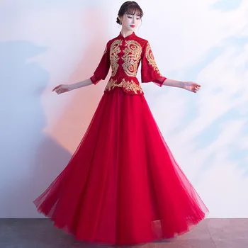 Vintage Lepšiu Čínsky Štýl Cheongsam Výšivky Červená Nevesta Svadobné Šaty Elegantné Večerné Party Šaty Qipao Vestidos