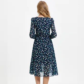 A-line Listy Tlač Vintage Šaty Elegantné O-krku Vestidos Ríše Dámy Frocks pre Ženy Bežné podkolienok Dlhý Rukáv Šaty