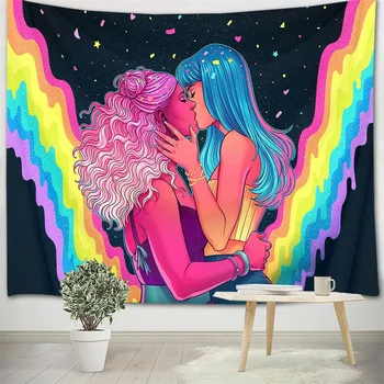 FFO Lesbické Bozkávanie Girllove Gobelín Visí Láska LGBT Pride Tapisérie Gothic Girl Stenu Deka Posteľ Kryt Veľké Obrusy