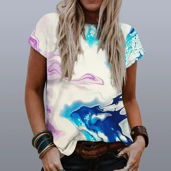2021 Lete Príležitostné Voľné Topy Lady Kolo Krku Oblečenie Žien Akvarel Vzor Tlač Harajuku Krátky Rukáv T-shirt