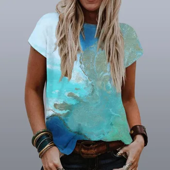 2021 Lete Príležitostné Voľné Topy Lady Kolo Krku Oblečenie Žien Akvarel Vzor Tlač Harajuku Krátky Rukáv T-shirt