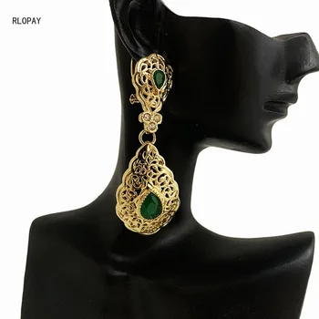Marocký Trendy Zlato Danging Náušnice so Zeleným a Červeným Drahokamu Zatlačte Späť Kvapka Vody Svadobné Šperky Náušnice