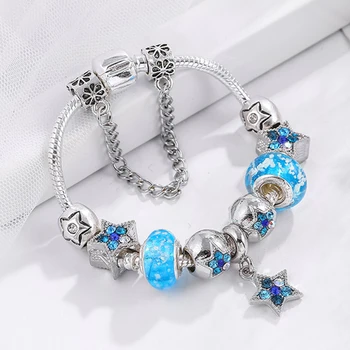 Móda Kúzlo Náramky S Modrým Shinning Star Korálky DIY Strieborné Pozlátené Had Reťaz Značky Náramok Šperky Pre Ženy Darček