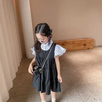 Letné Nový Príchod kórejský Štýl dievča oblečenie sady bavlna krátky lietania rukáv tričko s vesta šaty pre roztomilé sladké dieťa dievčatá