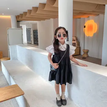 Letné Nový Príchod kórejský Štýl dievča oblečenie sady bavlna krátky lietania rukáv tričko s vesta šaty pre roztomilé sladké dieťa dievčatá