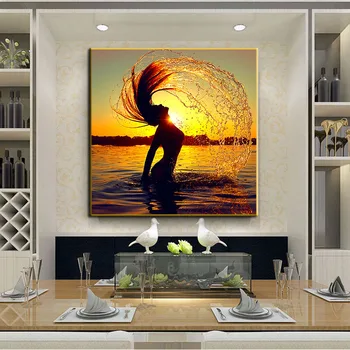 Nahé Ženy Plagát Krásy Model Dievča Striekajúcej Vode S Jej Vlasy Plátno Na Maľovanie Západ Slnka Scenérie Wall Art Obraz Pre Home Decor