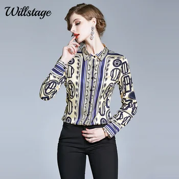 Willstage ženy tričká dlhý rukáv tlačidlo blúzka elegantný vzor mieste Tričko elegantné, ženské pracovné oblečenie formálne topy 2020 Jeseň