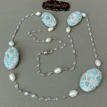 Sladkovodných Kultivovaných White Pearl Modrá Larimar Cz Pripraviť Reťazec Dlhý Náhrdelník Trendy Ženy Šperky Vyhlásenie Náhrdelník 44