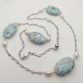 Sladkovodných Kultivovaných White Pearl Modrá Larimar Cz Pripraviť Reťazec Dlhý Náhrdelník Trendy Ženy Šperky Vyhlásenie Náhrdelník 44