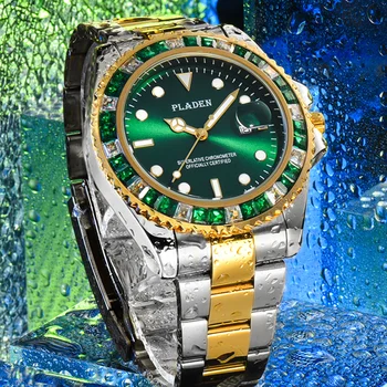 PLADEN Zelená Luxusné Quartz Hodinky Pre Mužov Kalendár Svetelný Vonkajšie Bežné Športové Chronometra Muž 3Bra Nepremokavé Diamond Relogio