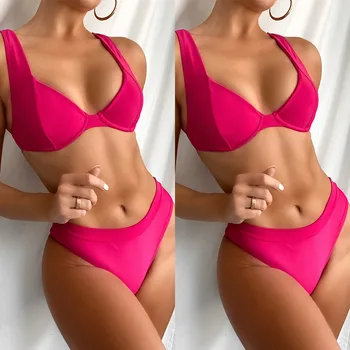 Sexy Underwire Push Bikini Set Ženy, jednofarebné Vysoký Pás Plavky, Plážové oblečenie Brazílsky Biquini dvojdielne Plavky na Kúpanie