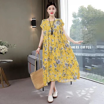 Nové módne Vintage Šaty pre Ženy 2021 Letný Kvetinový Tlač Luk krátky Rukáv Plus Veľkosť Žena Šaty