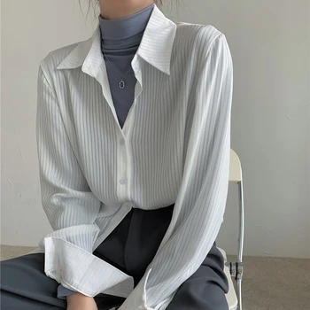2021 Jar Nový kórejský Voľné Vintage Dlhý Rukáv Biele Tričko Fashion Žena Pruhované Tričko Plus Veľkosť Dámske Blúzky a Topy 13163