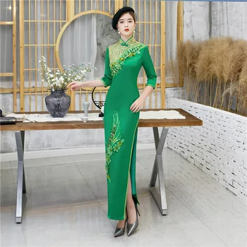 Nadrozmerná 5XL Zelená Orientálne Šaty Fáze Show Polovičný Rukáv Qipao Čínske Tradičné Výšivky Nášivka Vintage Cheongsam