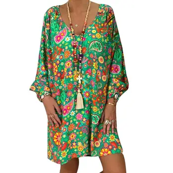 Letné Cestovanie Pláži Ženy Šaty Bežné Farebné Dlhé Lístkového Rukáv V Krku Voľné Mini Šaty Plus Veľkosť Boho Kvetinový Tlač Sundress