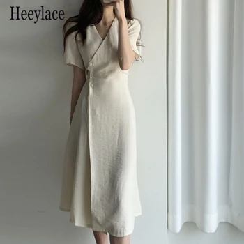 Nové 2021 Ženy Letné Šaty Tvaru Čipky Vysoký Pás Vintage Elegantné Kórejský Štýl, Módne Wild Lady Dlhé Šaty