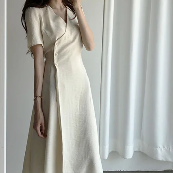 Nové 2021 Ženy Letné Šaty Tvaru Čipky Vysoký Pás Vintage Elegantné Kórejský Štýl, Módne Wild Lady Dlhé Šaty