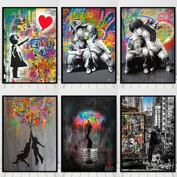 Banksy Graffiti, Street Art Láska Chlapec a Dievča Plátno na Maľovanie Cuadros Plagáty a Tlač Múr Umenia pre Obývacia Izba Domova