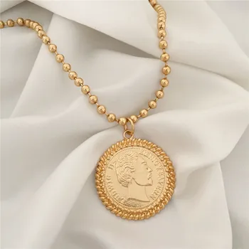 Nádherná Zlatá Farba Lode Queen Tváre Vyryté Veľké Mince Prívesok Loptu Reťazca Náhrdelník Pre Ženy Strana Pekné Dekorácie, Šperky