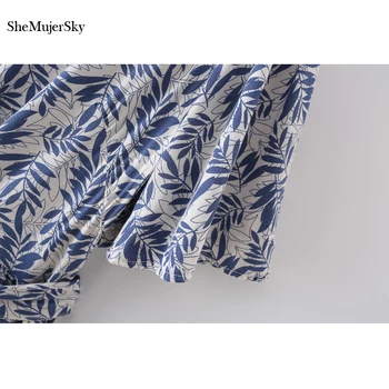 SheMujerSky Lete Modrá Leaf Tlač Midi Šaty Žien tvaru Krátky Rukáv Šaty S Oknami 2021 vestidos de verano