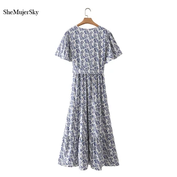 SheMujerSky Lete Modrá Leaf Tlač Midi Šaty Žien tvaru Krátky Rukáv Šaty S Oknami 2021 vestidos de verano