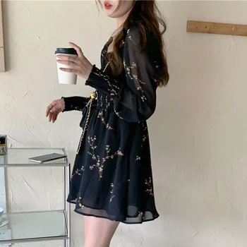 Letné Dlhé Lístkového Rukáv Šifón Šaty, Sexy Čierne Šaty Žien Vintgae Kvetinový Tlač Šaty Kórejský Bežné Mini Vestidos 13676