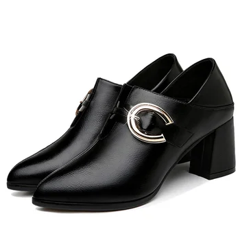 TTSDARCUPS Nový štýl ženy kožené topánky mäkké kožené pohodlné vysoké podpätky 6,5 CM Kovové pracky Námestie vedúci Veľkej veľkosti čerpadiel